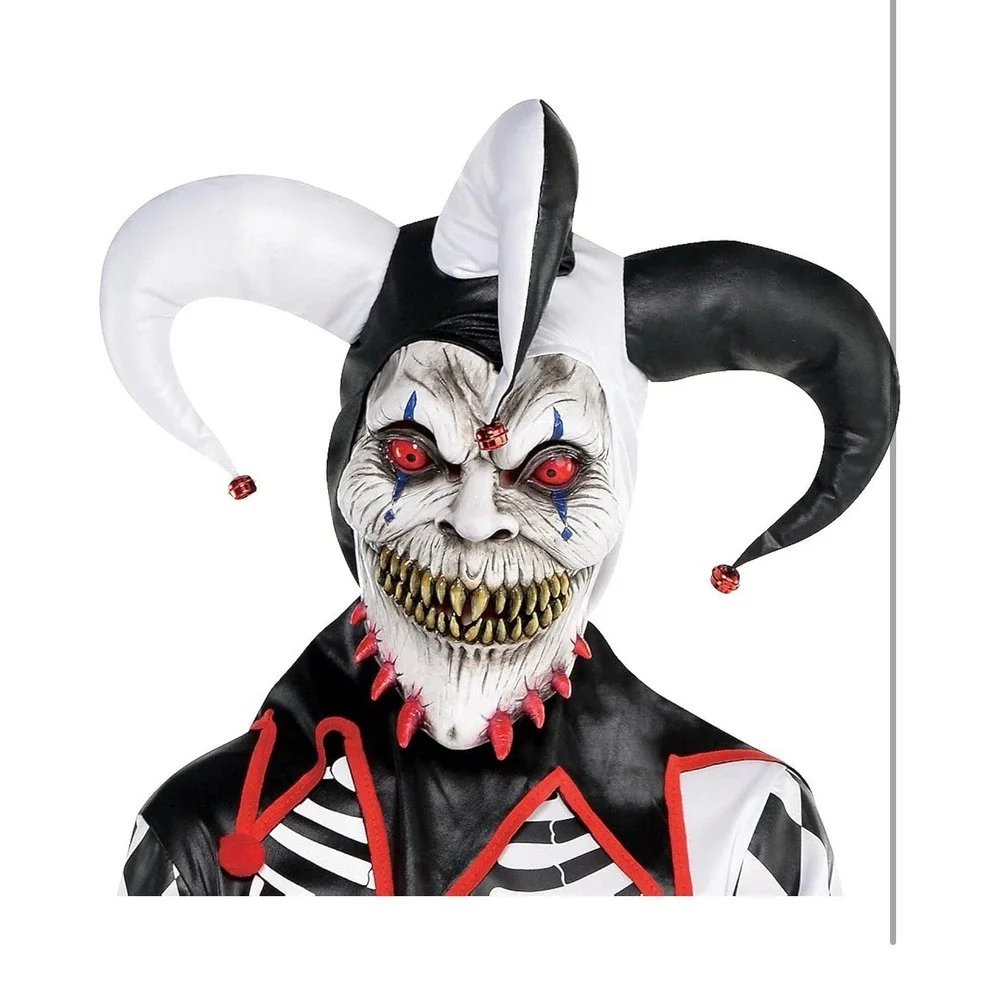 5pc. Sinister Jester Costume Mask youth 12-14 lg. Scary Red Eye Clown Halloween - Picture 2 of 3